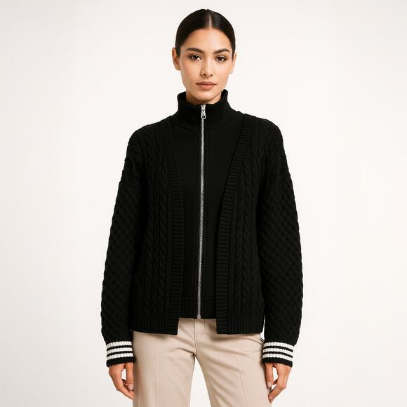 A501 • Central Park West Black Cable Knit Bomber Jacket - Picture 1 of 4